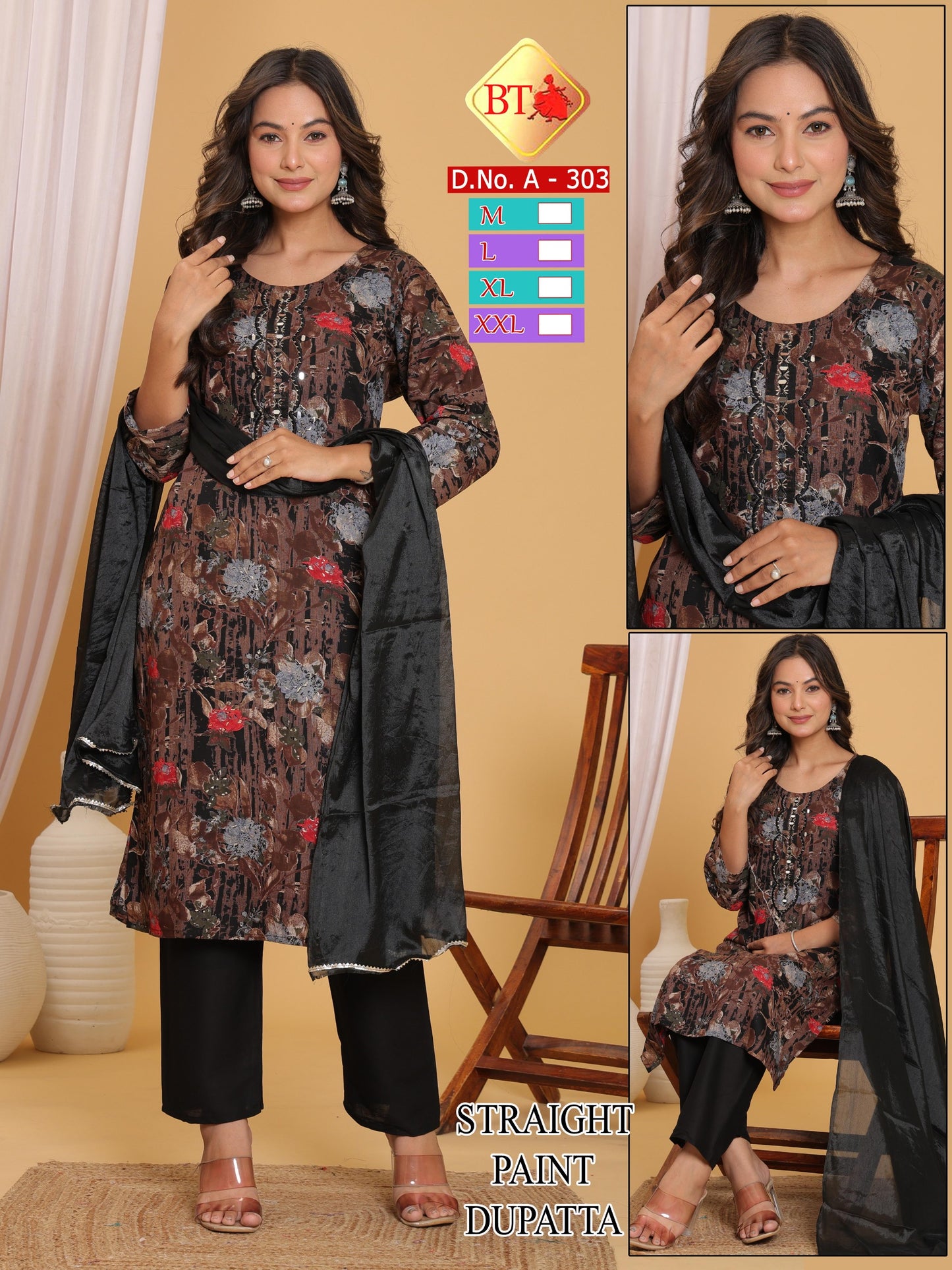 Mirror Pattern Kurti Boat Neck Rayon 3pc Set – Combo of 4