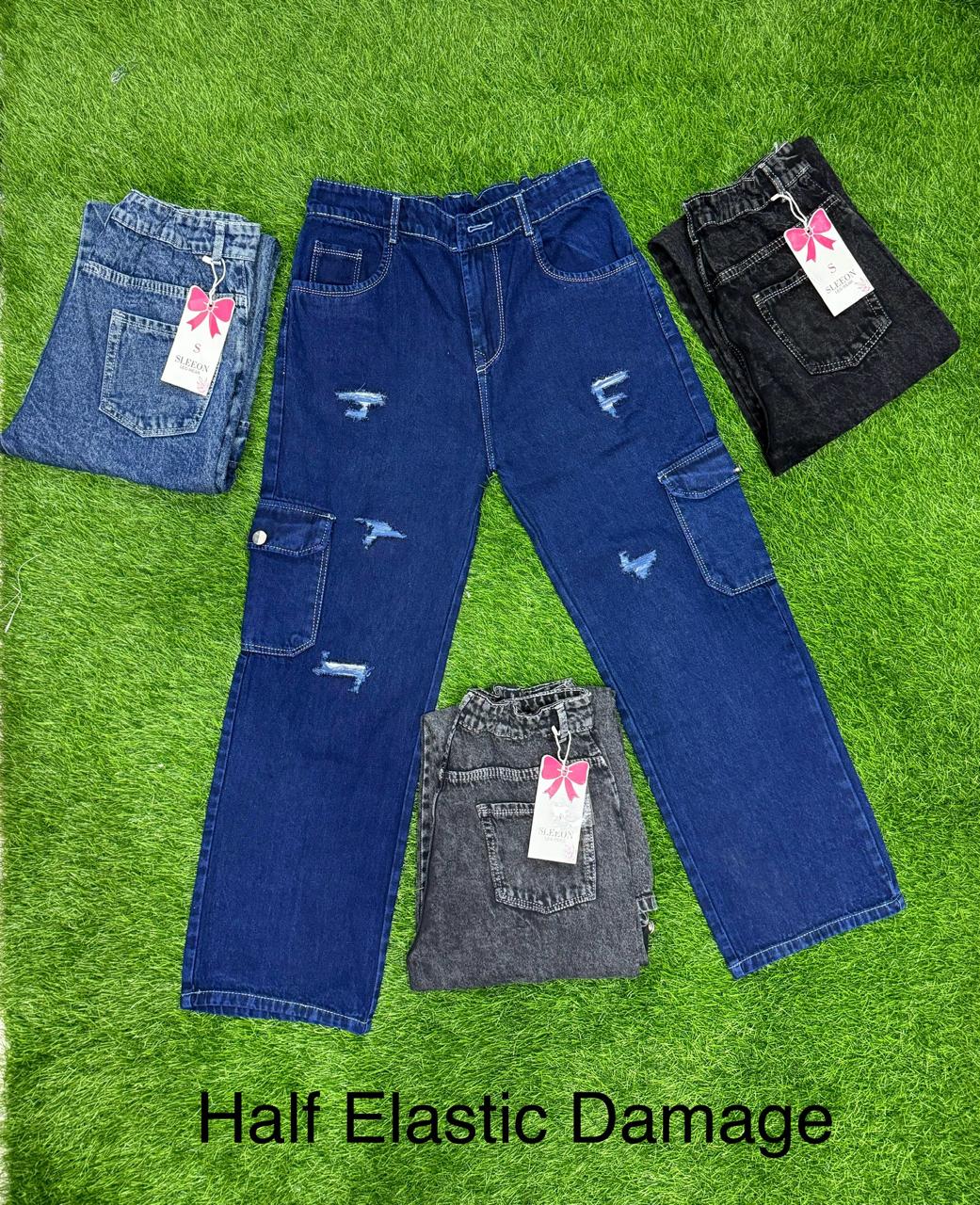 6 Pocket distressed Wide leg Half elastic Jeans