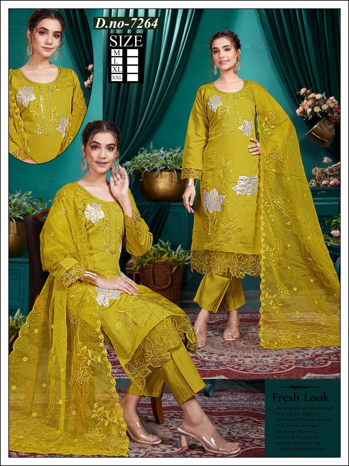Beautiful Mustard Panel Work Pant set With Heavy Duppata