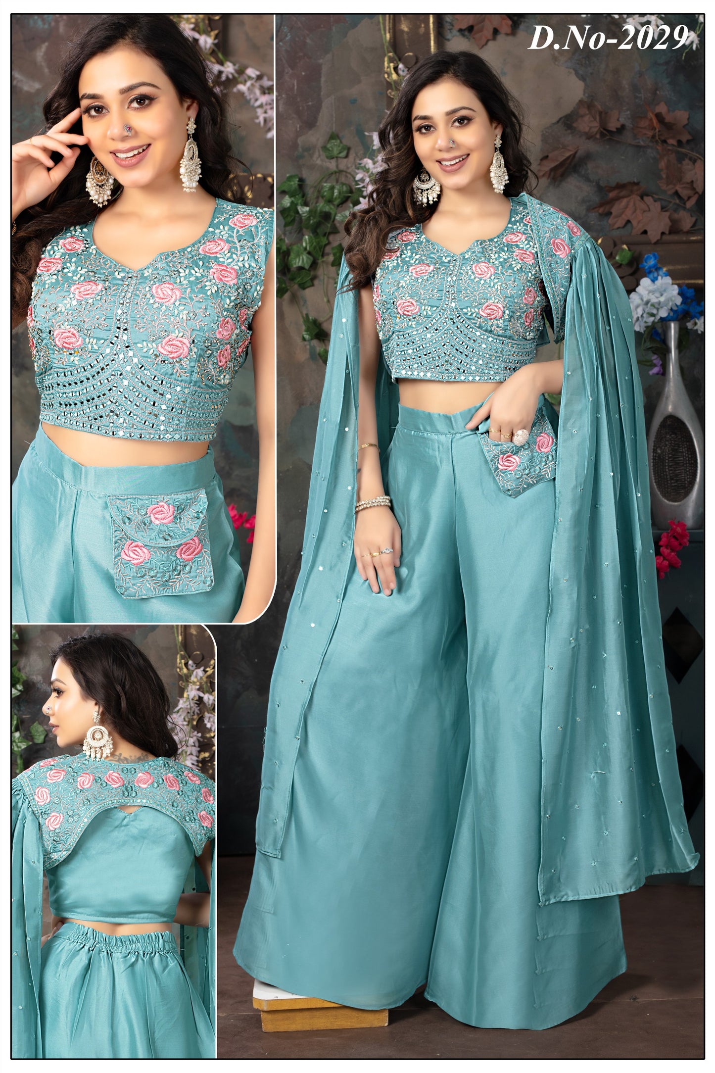 Latest Designer Shrug With embroided Blouse and Plazo