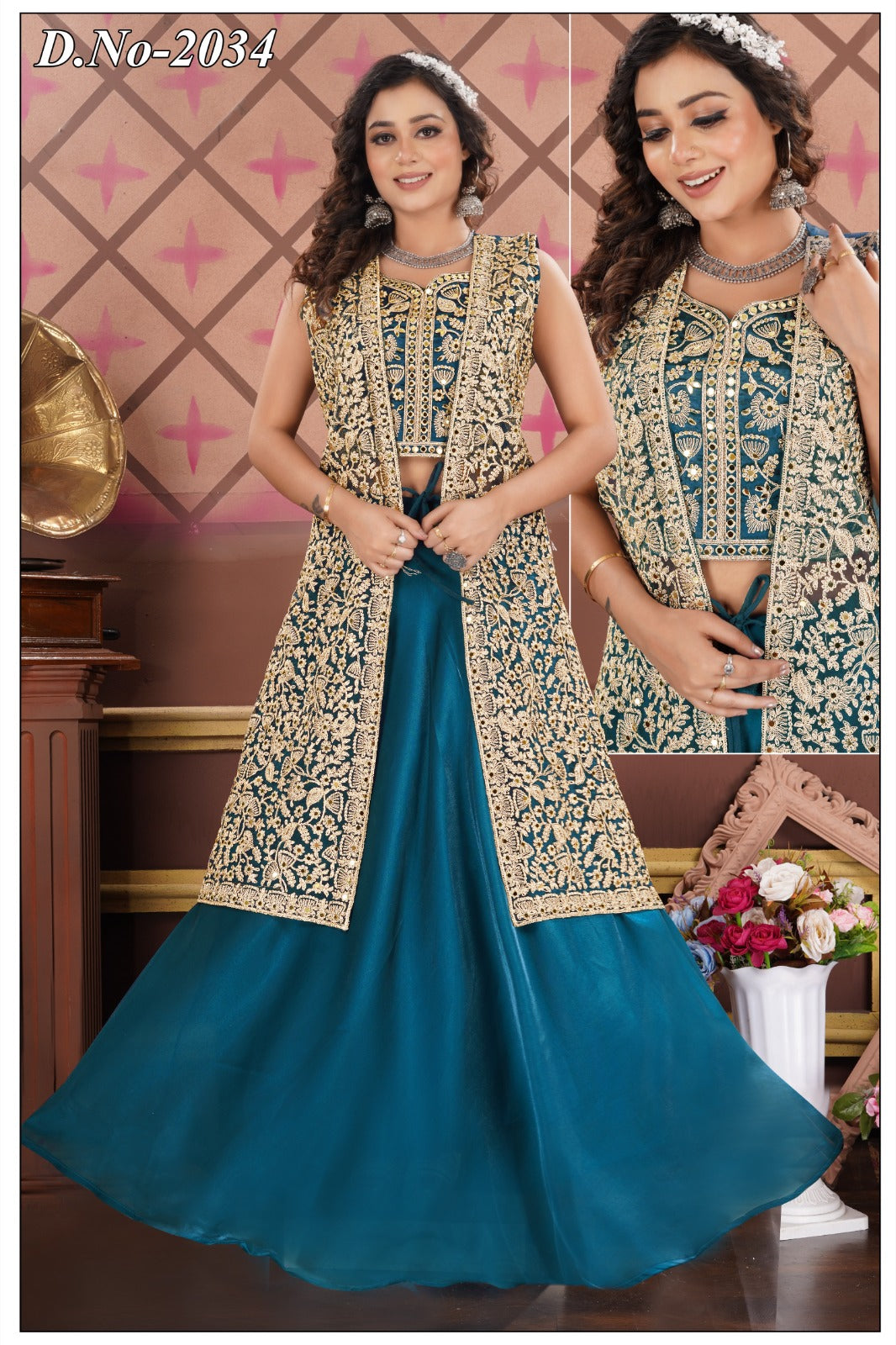 Total Fancy Dori Work Shrug Crop top and Skirt