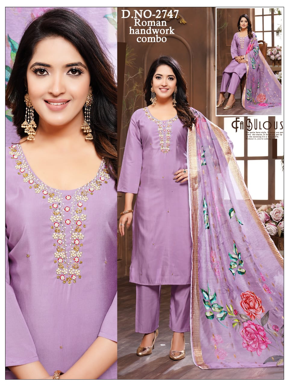Roman silk Heavy Handwork 3pc with Fancy Orgenza Dupatta