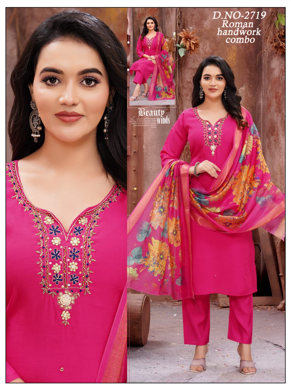 Roman silk Heavy Handwork 3pc with Fancy Orgenza Dupatta