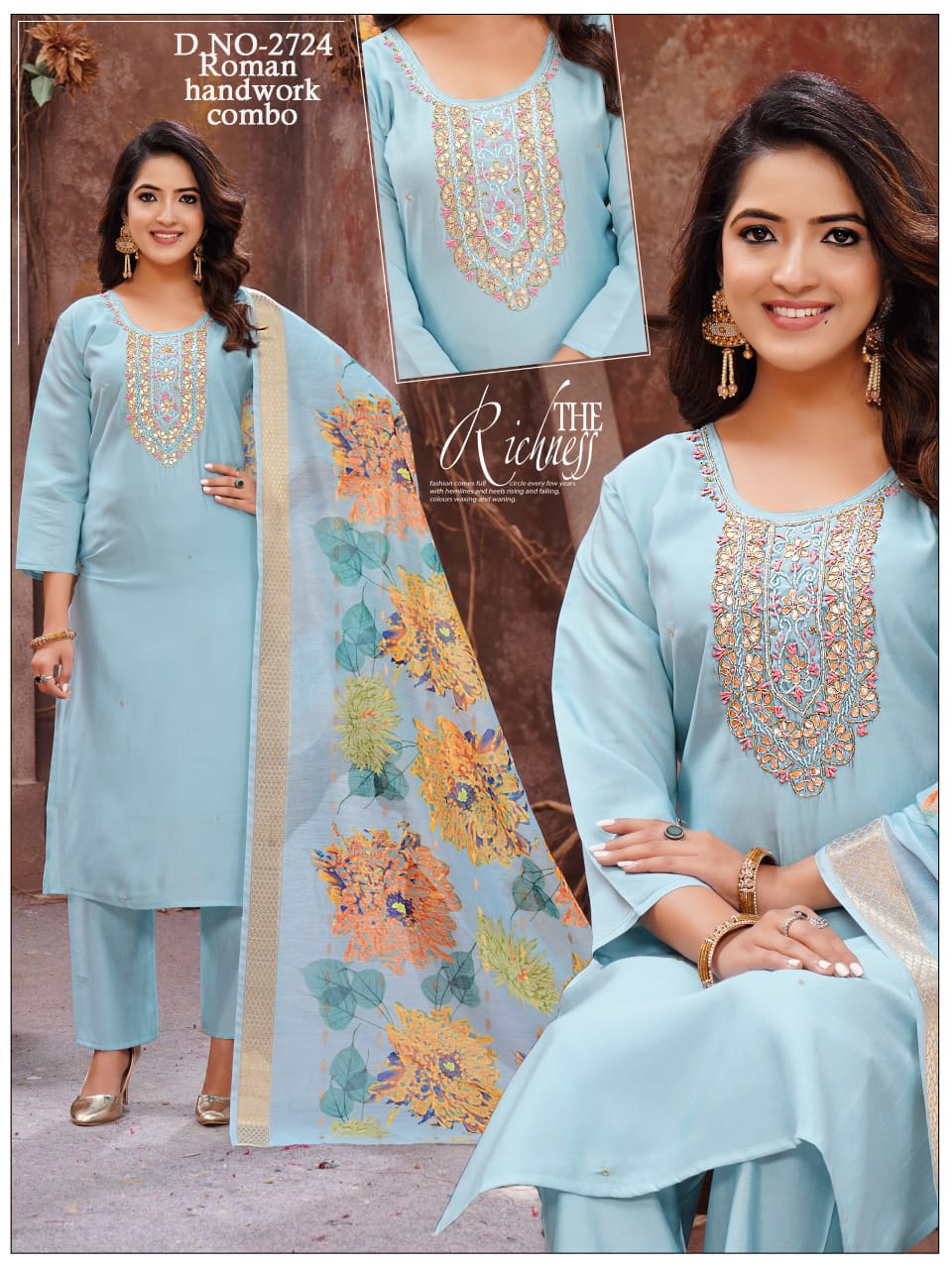 Roman silk Heavy Handwork 3pc with Fancy Orgenza Dupatta