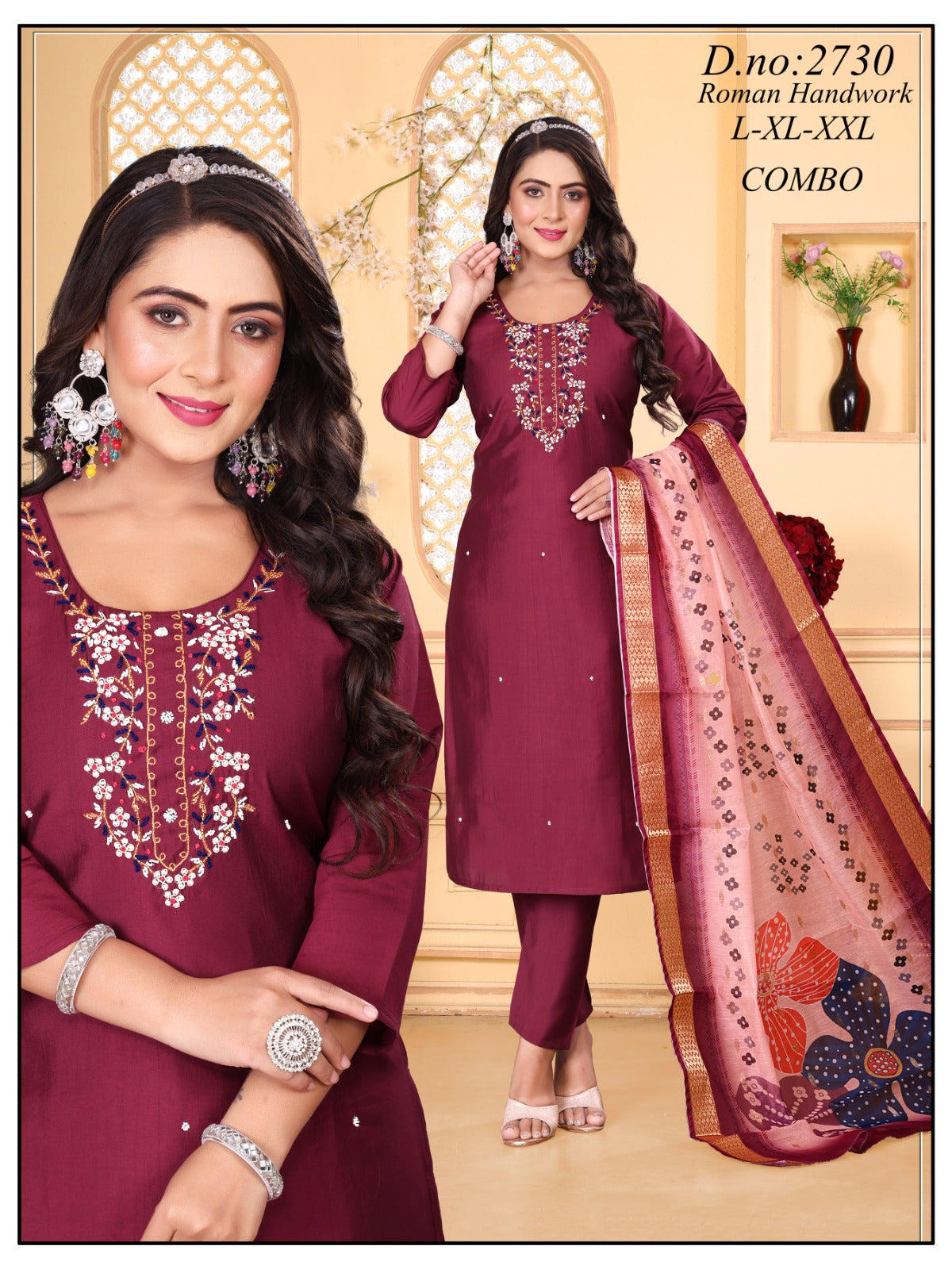 Roman silk Heavy Handwork 3pc with Fancy Orgenza Dupatta