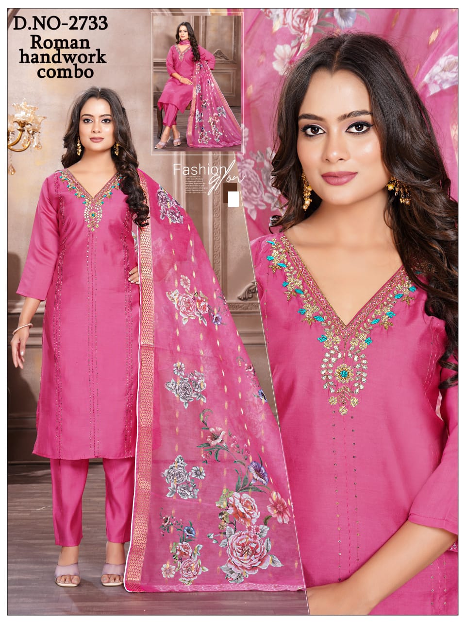 Roman silk Heavy Handwork 3pc with Fancy Orgenza Dupatta