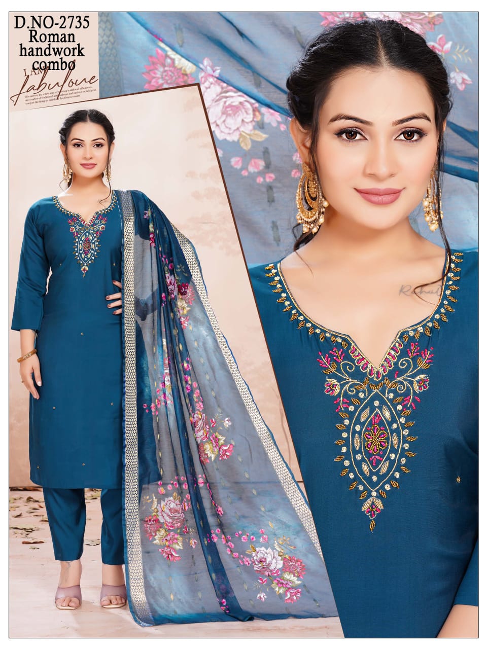Roman silk Heavy Handwork 3pc with Fancy Orgenza Dupatta