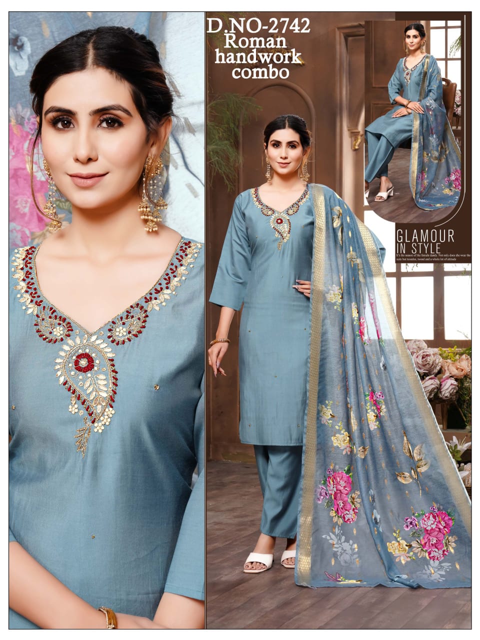 Roman silk Heavy Handwork 3pc with Fancy Orgenza Dupatta