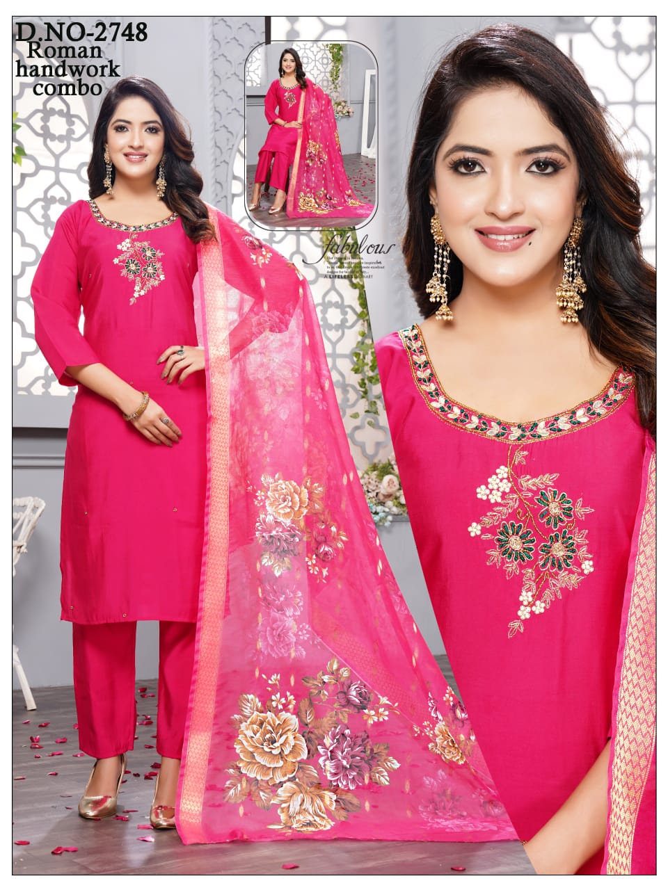 Roman silk Heavy Handwork 3pc with Fancy Orgenza Dupatta