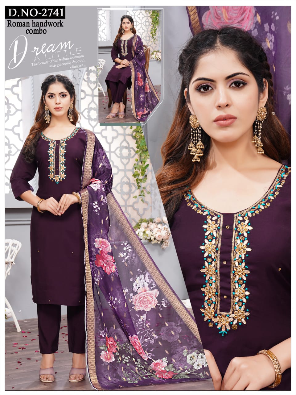 Roman silk Heavy Handwork 3pc with Fancy Orgenza Dupatta
