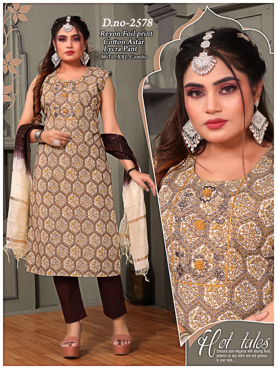 Reyon Foil Print Cotton Astar Lycra Pant 3 Pcs Set