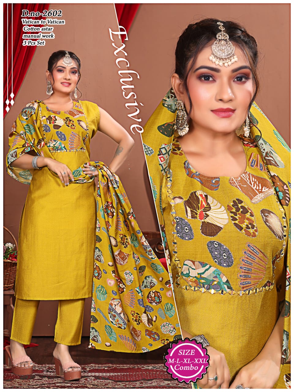 Vatican to Vatican Cotton Astar Manual Work 3 Pcs Set