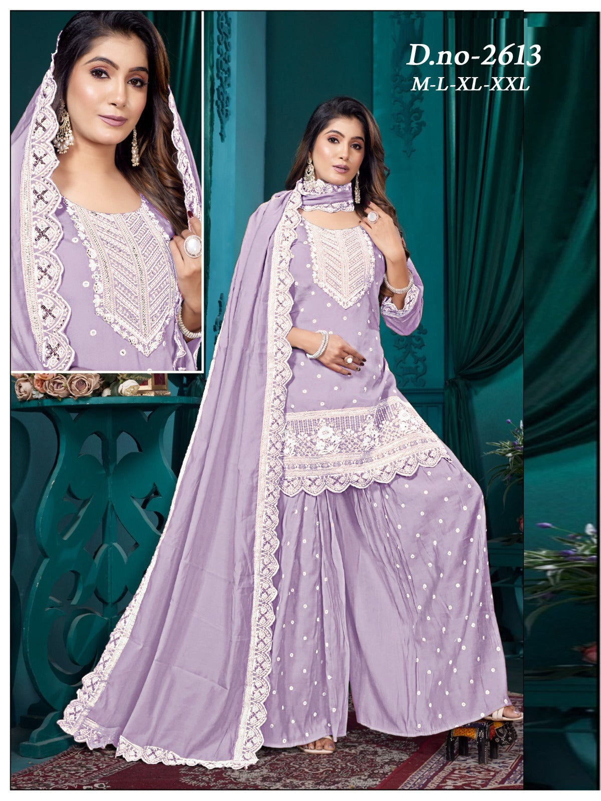 Roman Ghera Plazo Designer Kurti Fancy Worked Dupatta 3 Pcs Set