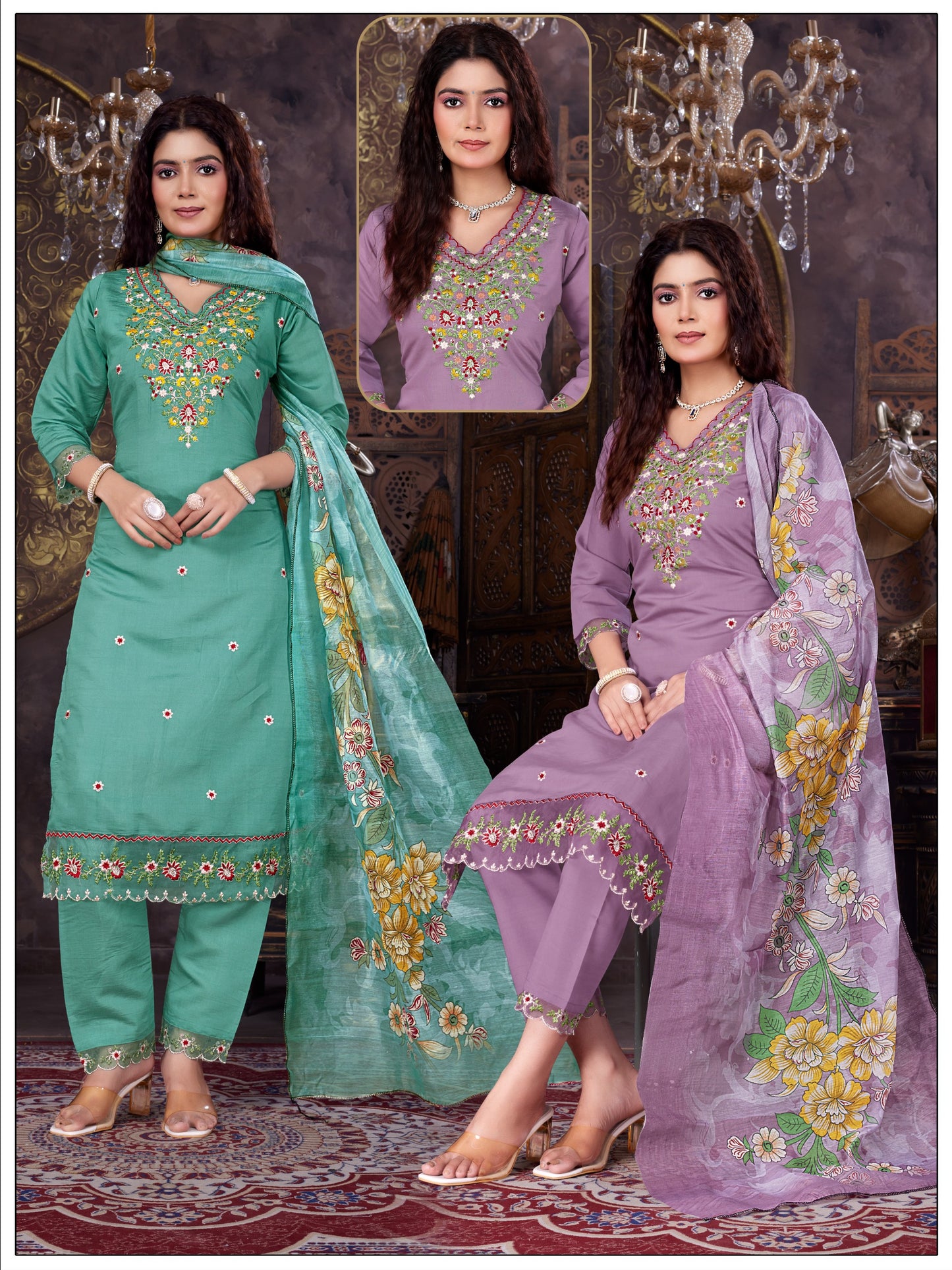 Roman Silk Embroidered Neck And pannel work Kurti Set