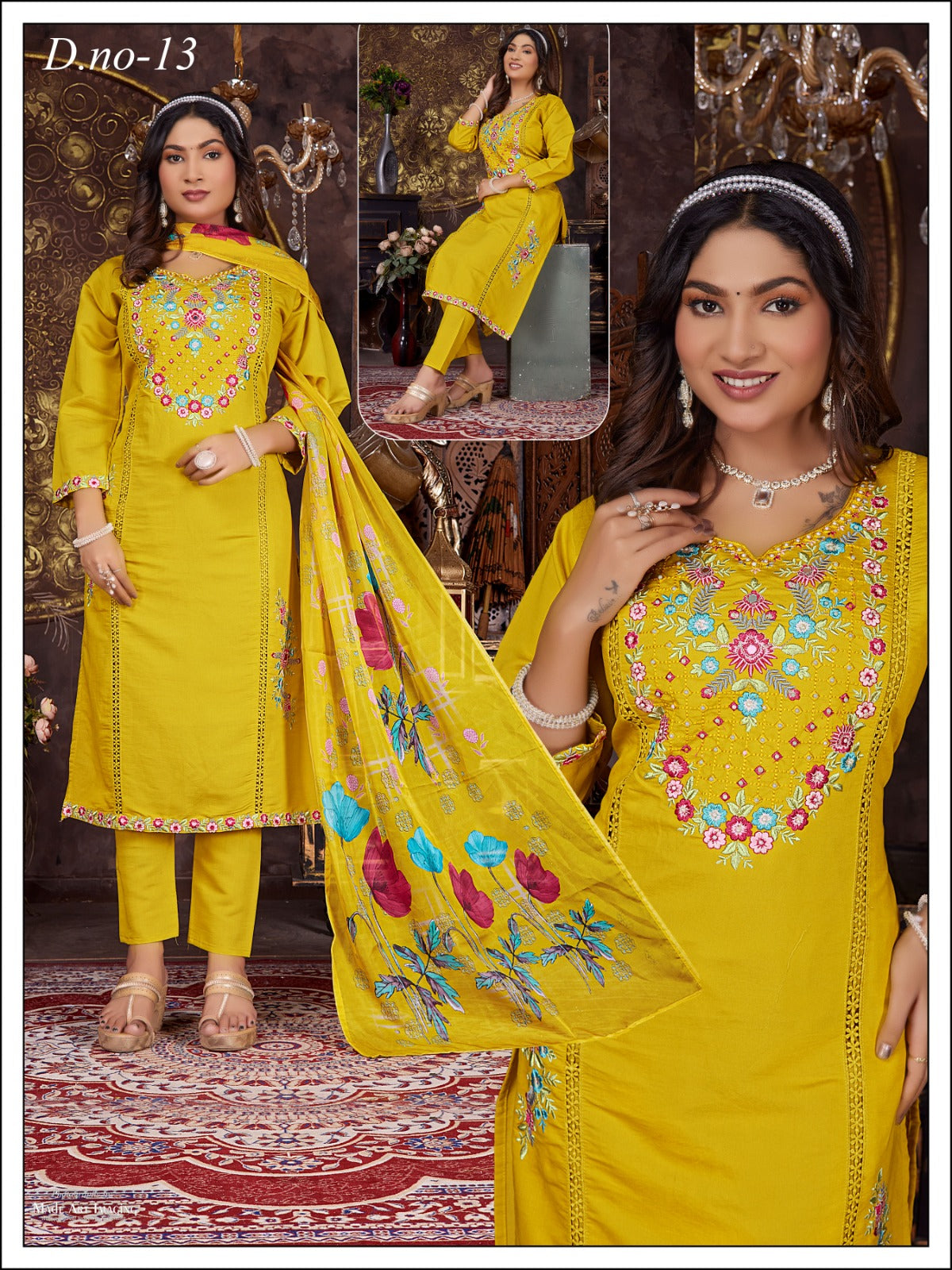 Vibrant Yellow Set With folral orgenza Dupatta 3pc set