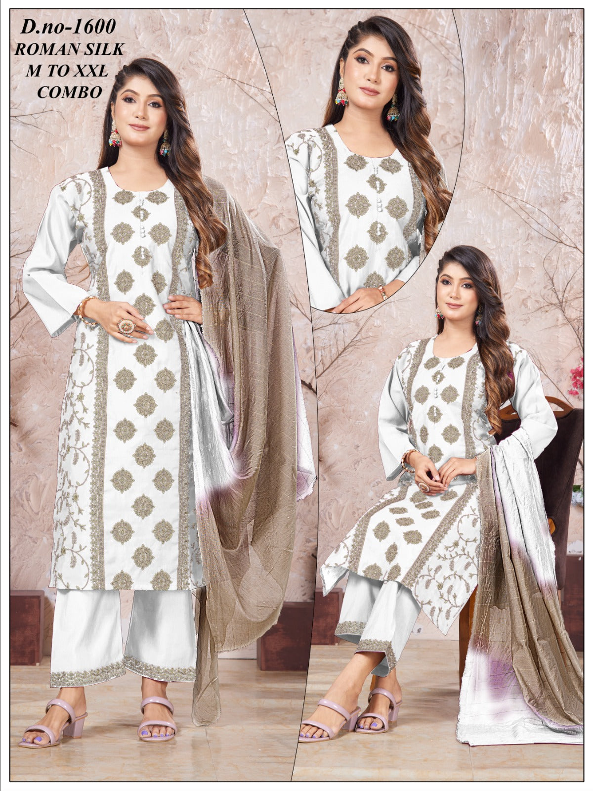 Women's Roman Silk Gold Touch Embroidery 3pc Suit Set