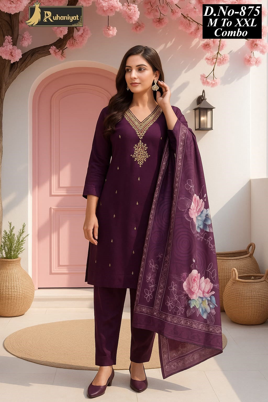 Roman silk 3pc neck embroidery with digital print dupatta