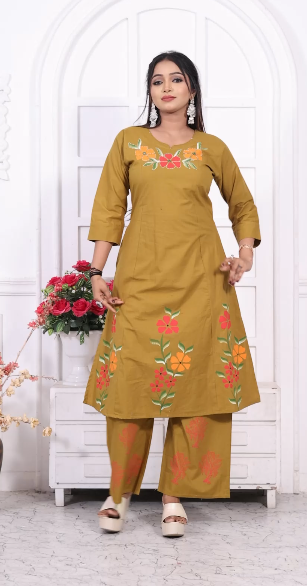 Stylish Yellow Ethnic Aline co-ord with Floral Kutch print