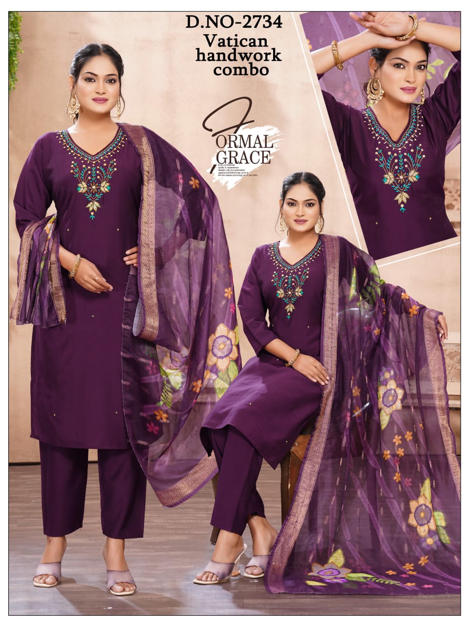 Roman silk Heavy Handwork 3pc with Fancy Orgenza Dupatta