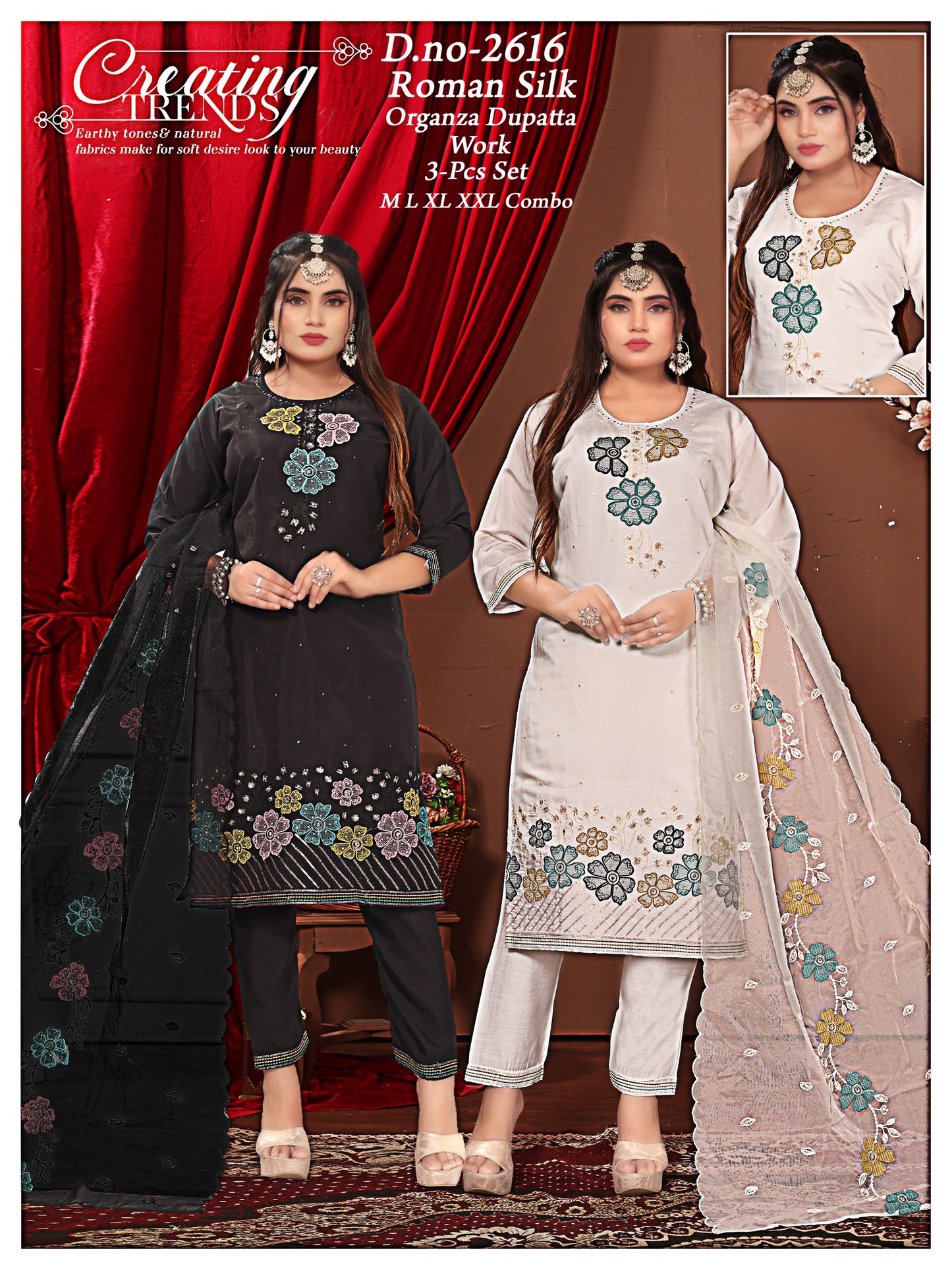 Roman Silk Organza Dupatta Work 3-Pcs Set