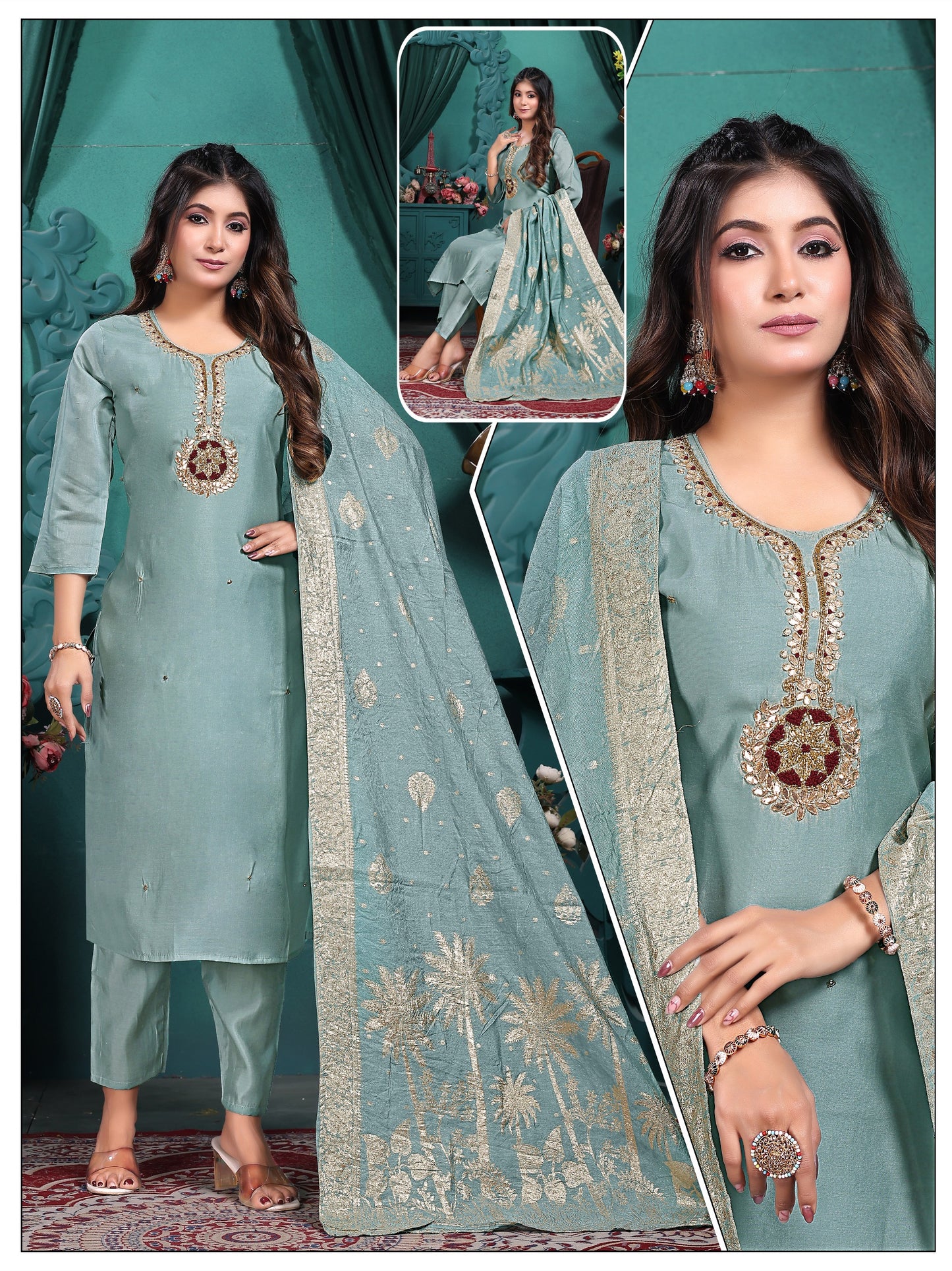 Premium Roman Silk Handwork Kurta With Premium Dupatta 3pc set