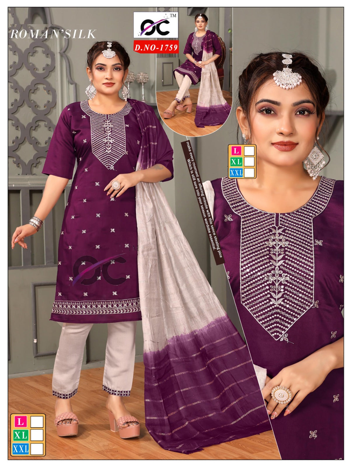 Purple Roman silk White embroided 3pc