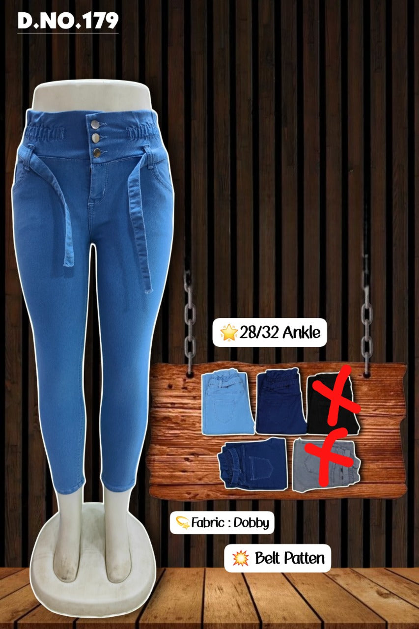 Dobby Fabric Girls High Waist 3 btn Belt pattern Jeans