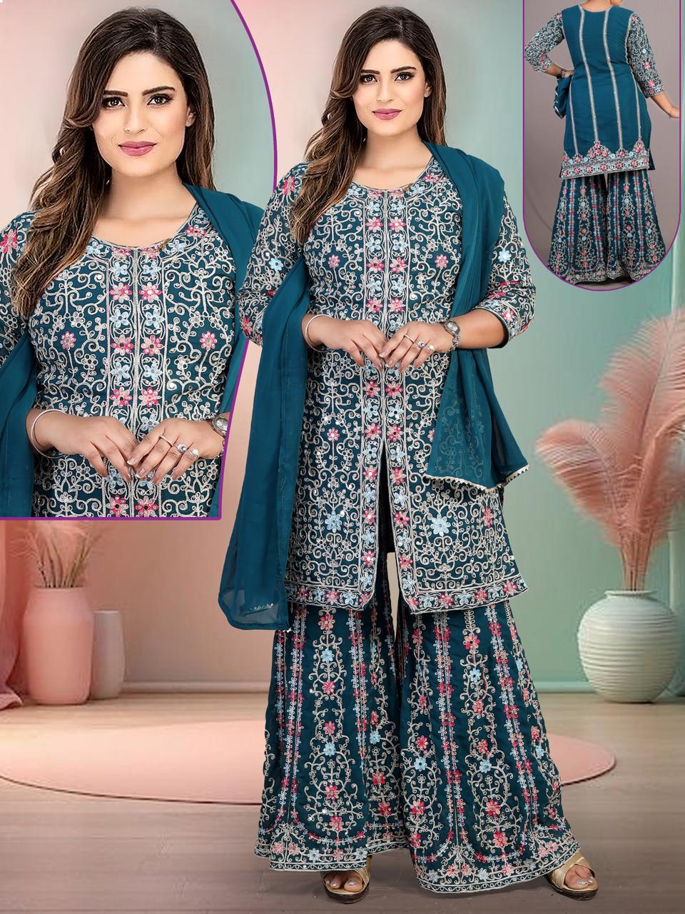 Resham Work Full front back Kurti Sharara Embroidery Set