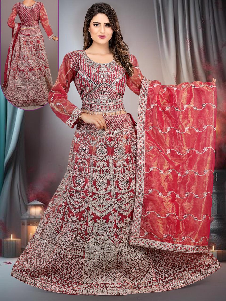 Red, Mirror and Golden Thread All over Gorgeous Lehnga Set