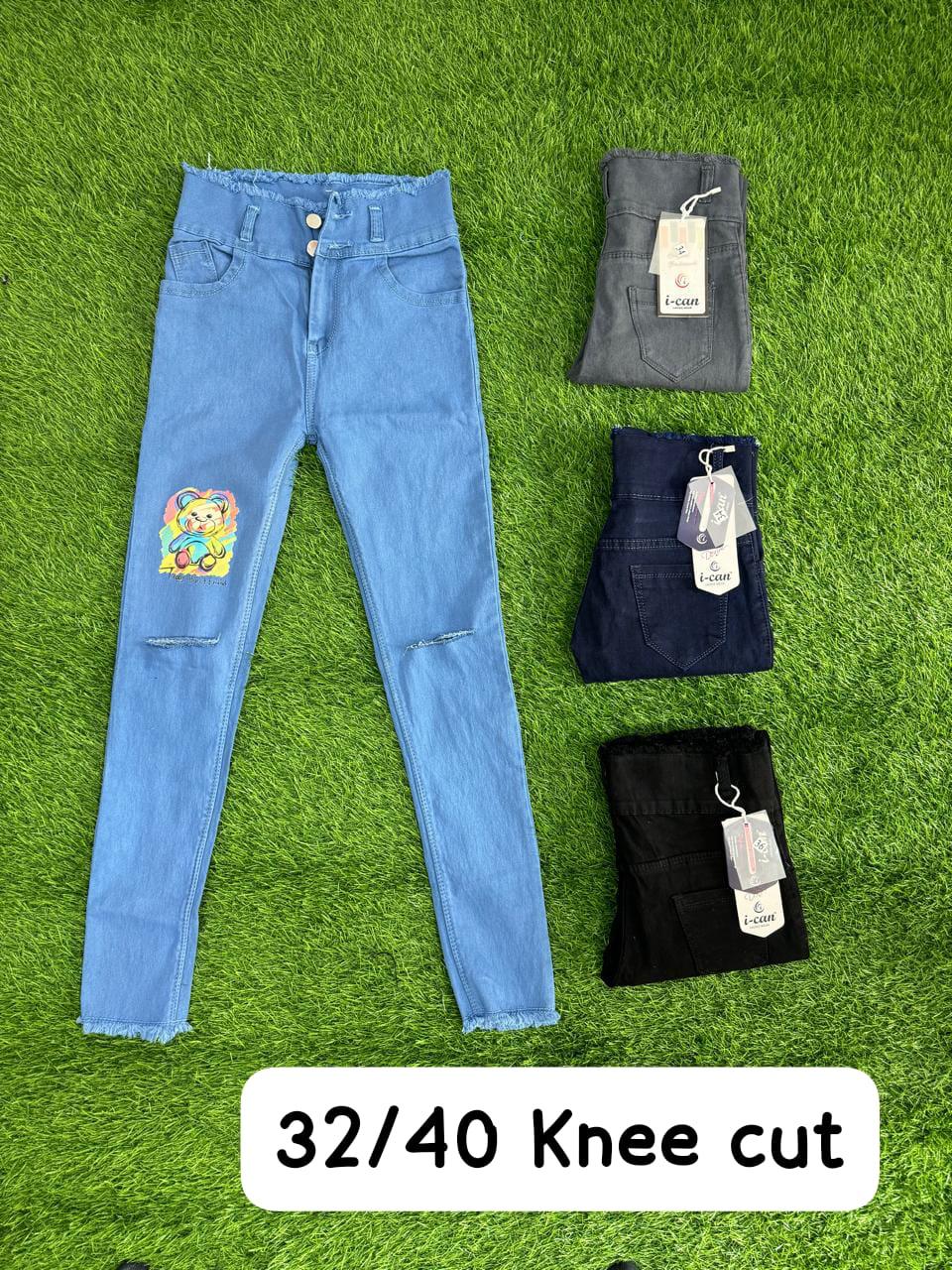 Girls' Trendy Cotton Jeans with Knee Cut & Patches