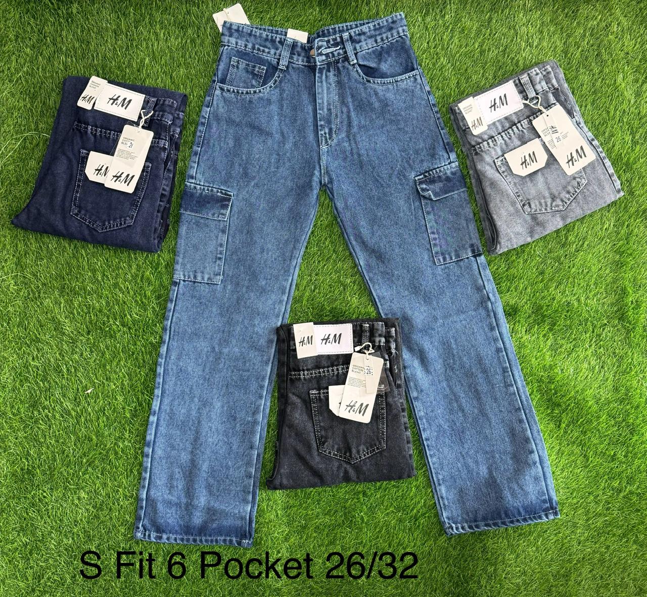 Cotton Denim 6 Pocket Slim Fit Wide Leg Jeans