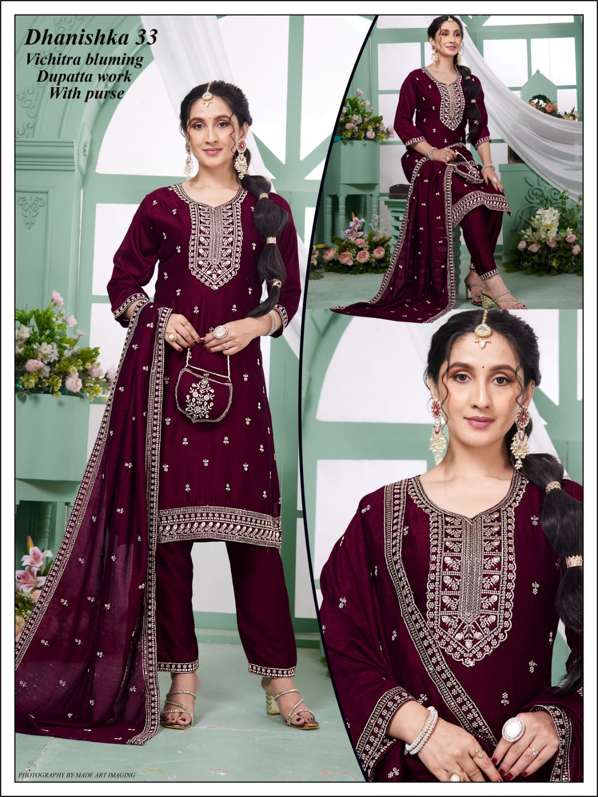 Vichitra 3-Piece Suit Set with Embroidery