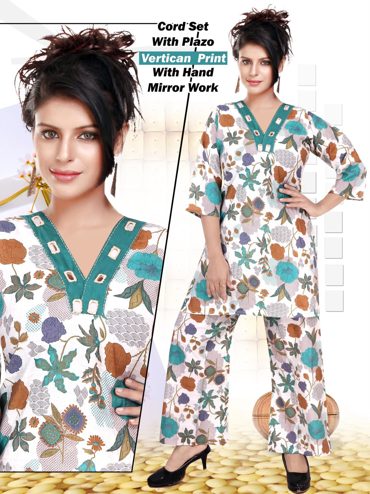 Vertican Print Co-ord Set with Hand Mirror Work