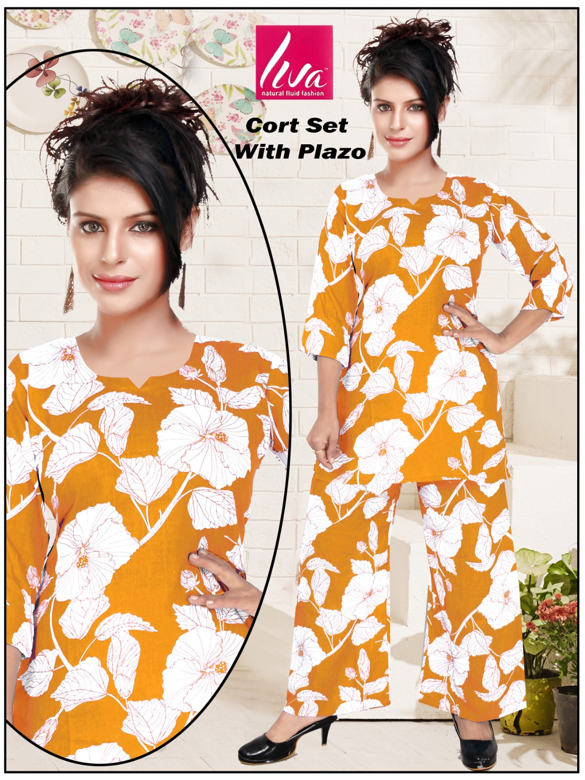 Reyon Print Co-ord Set with Hand Mirror Work