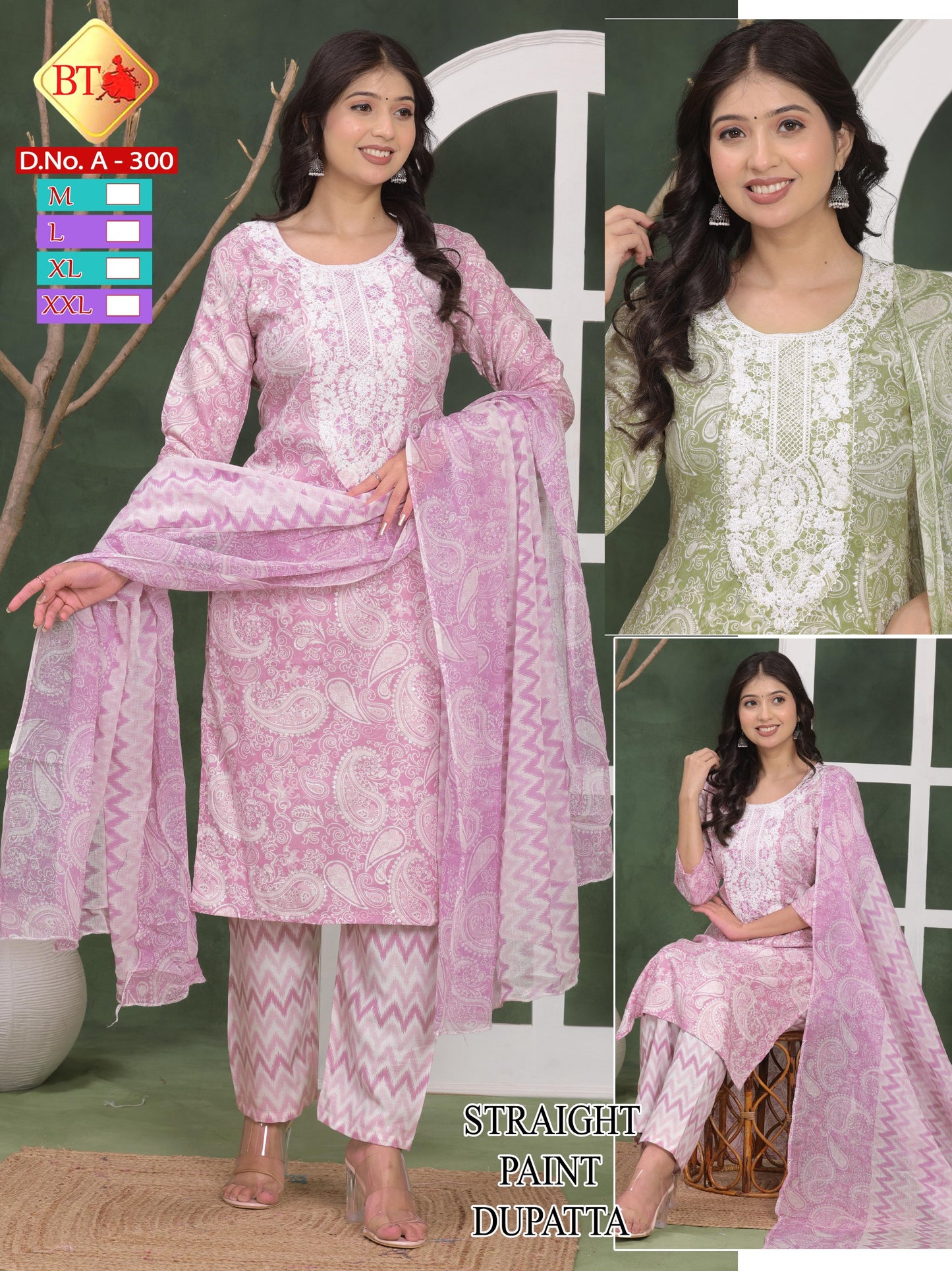 Pink and Pista Green Ethnic Kurti Heavy Rayon Foil Set - 3pc