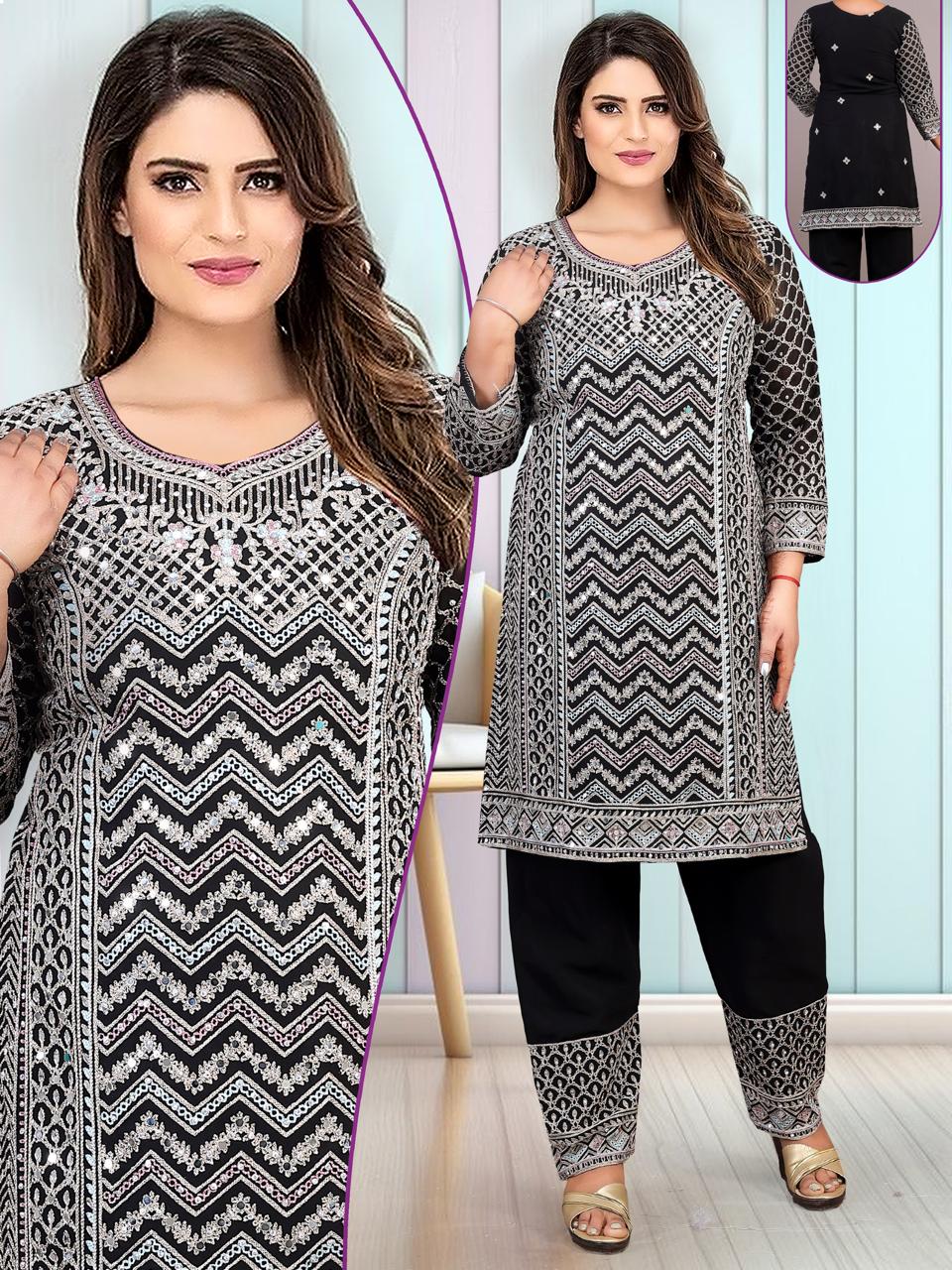 Black georget Zarre Mirror Work Kurta Pant ,Plain Dupatta 3pc set