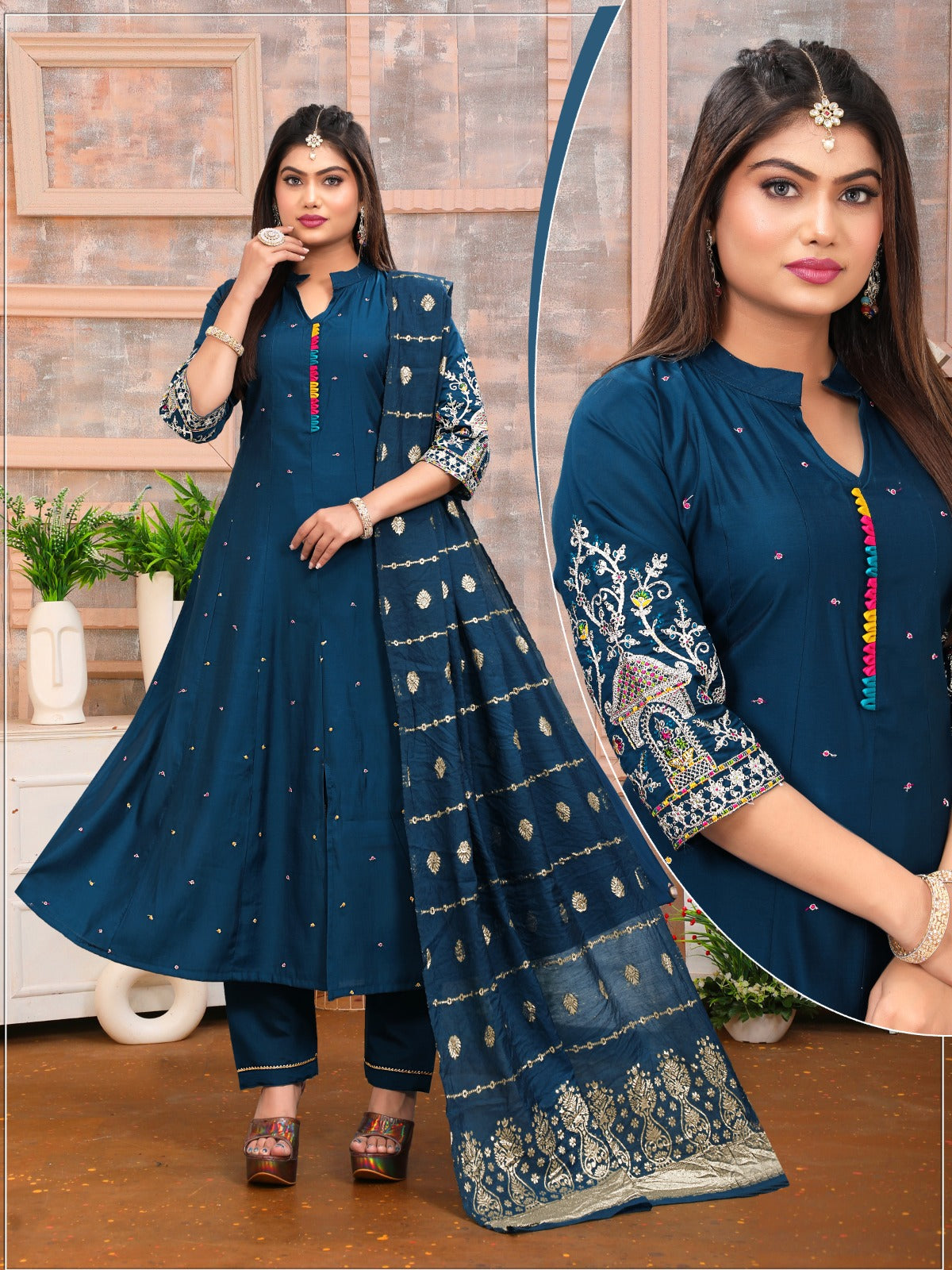 Designer Sleeve Work 3pc With Banarasi Chuni