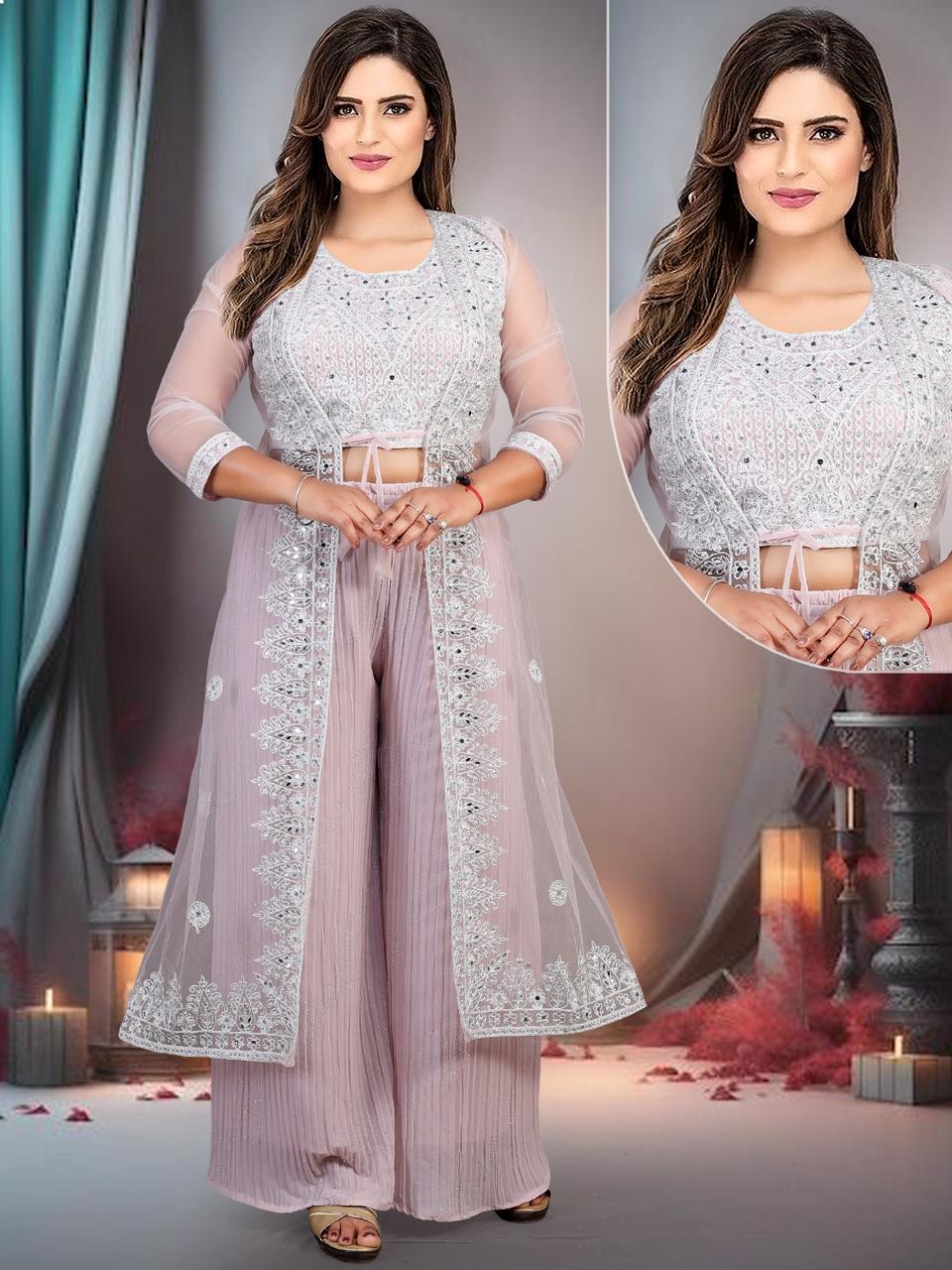 Amazing Shrug , Blouse and flared Plazo Party Wear Set