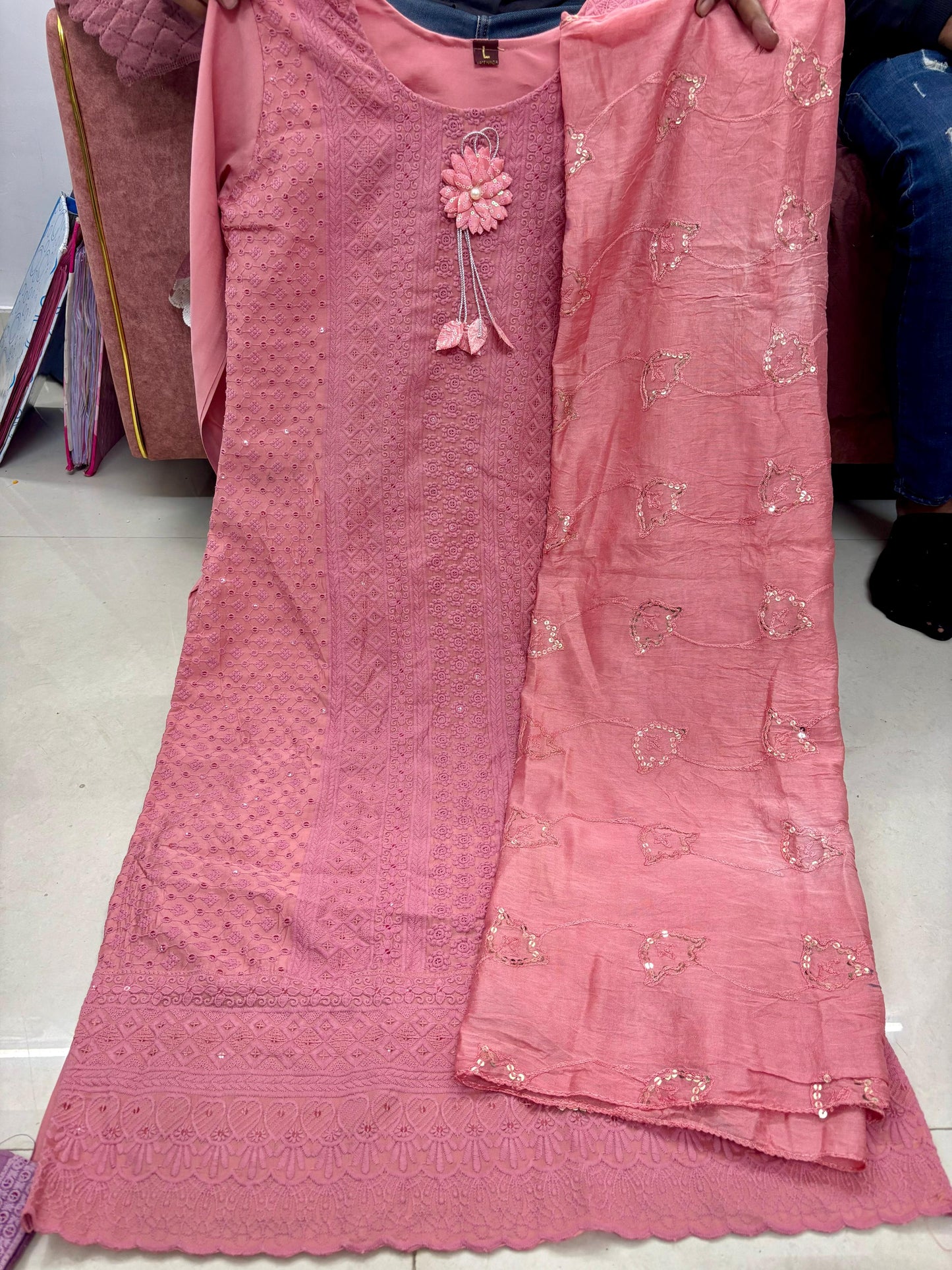 Beautiful Flower Pench Chicken Work 3pc