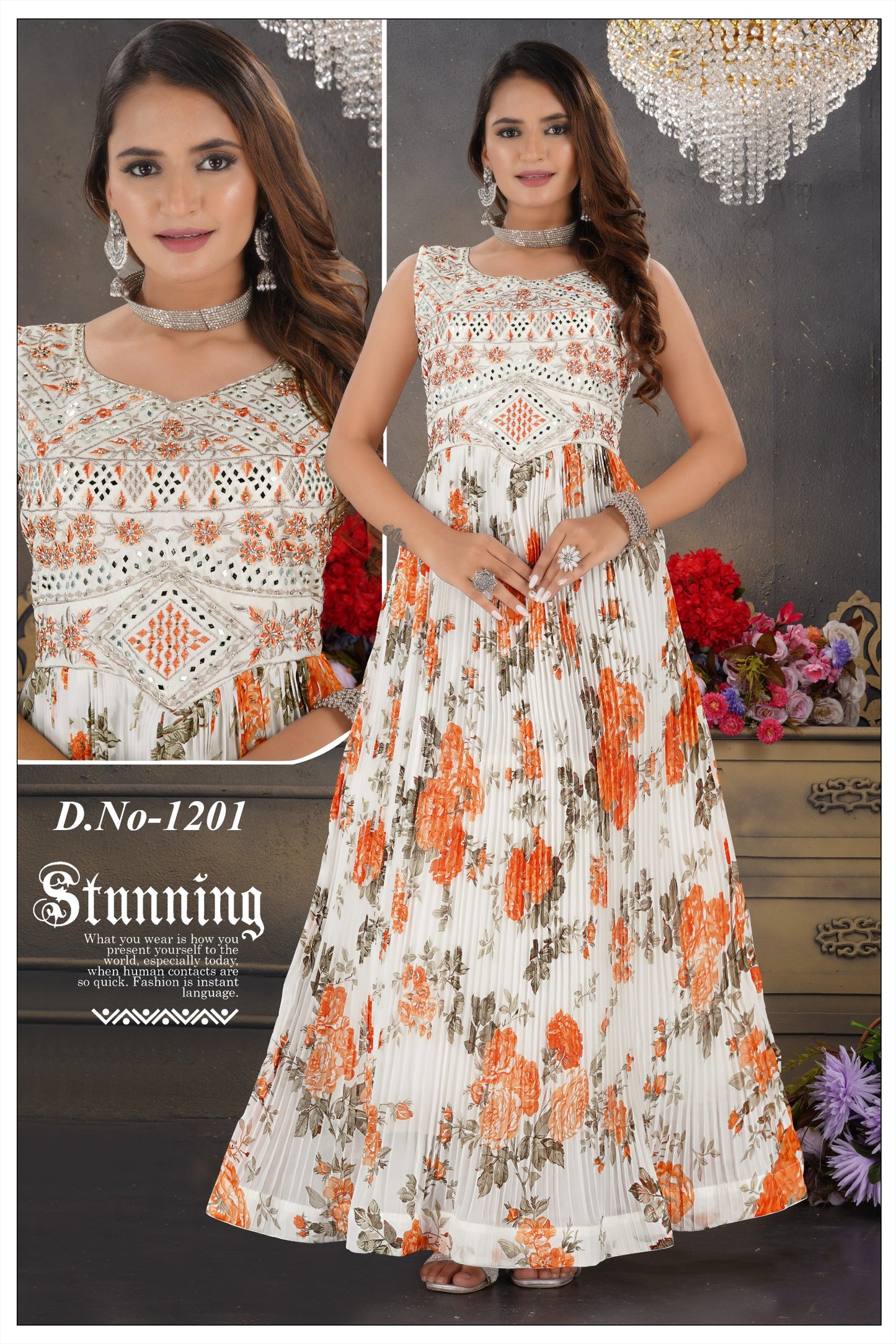 Fancy Daffodil Floral Floor Touch gown Georgette with handwork