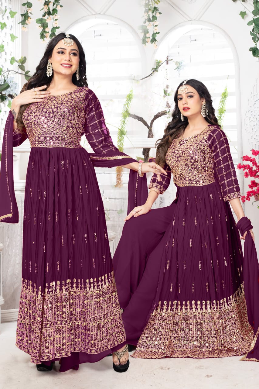 Georgette Embroidery Wine Gown with Plazo and Chunni.