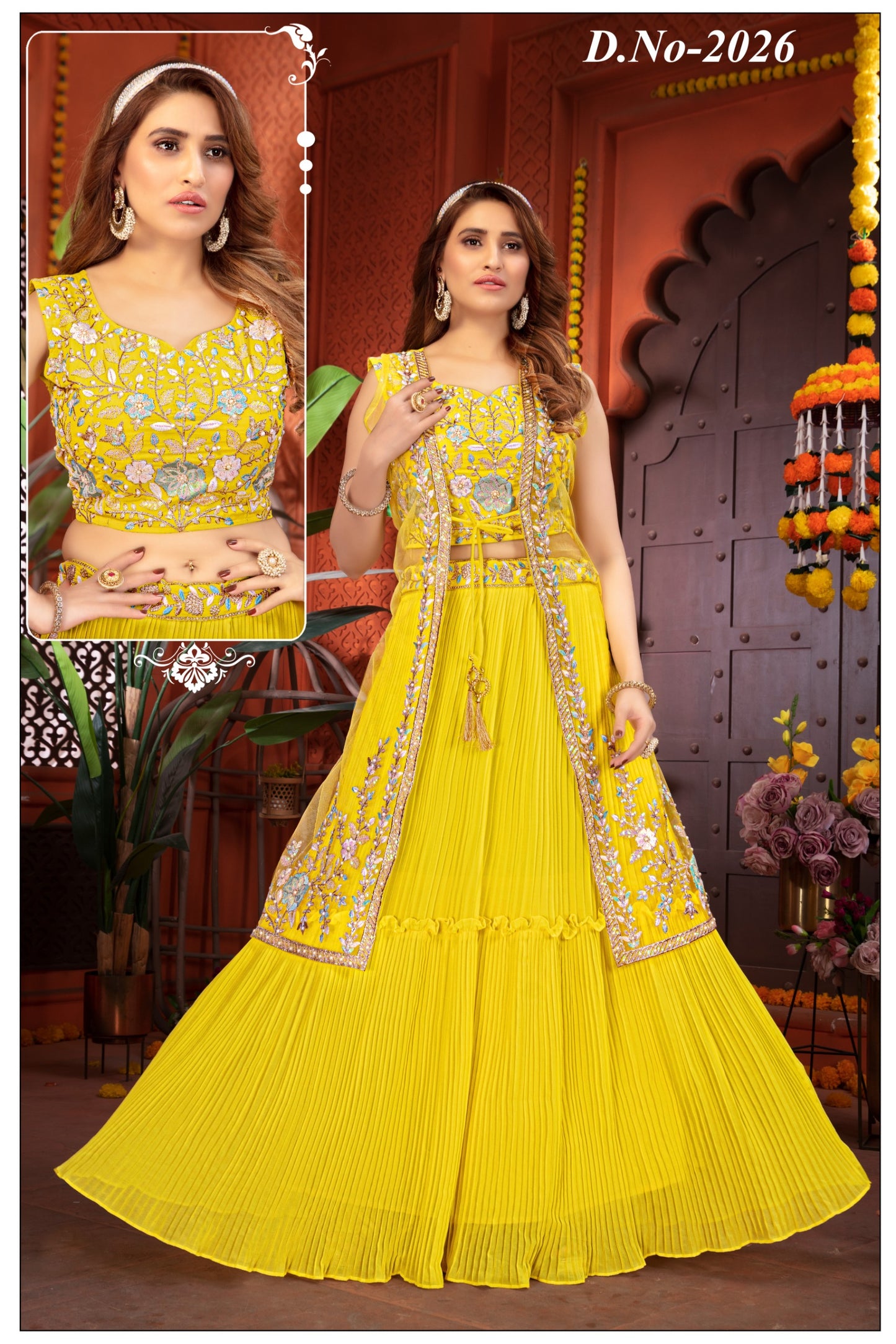 Yellow forest: Georgette Handwork Long Shrug Blouse Skirt Set