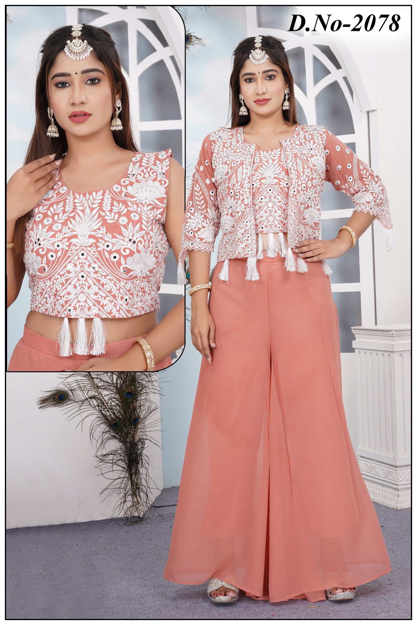 Peach White Embroidery Short Shrug Fancy Set