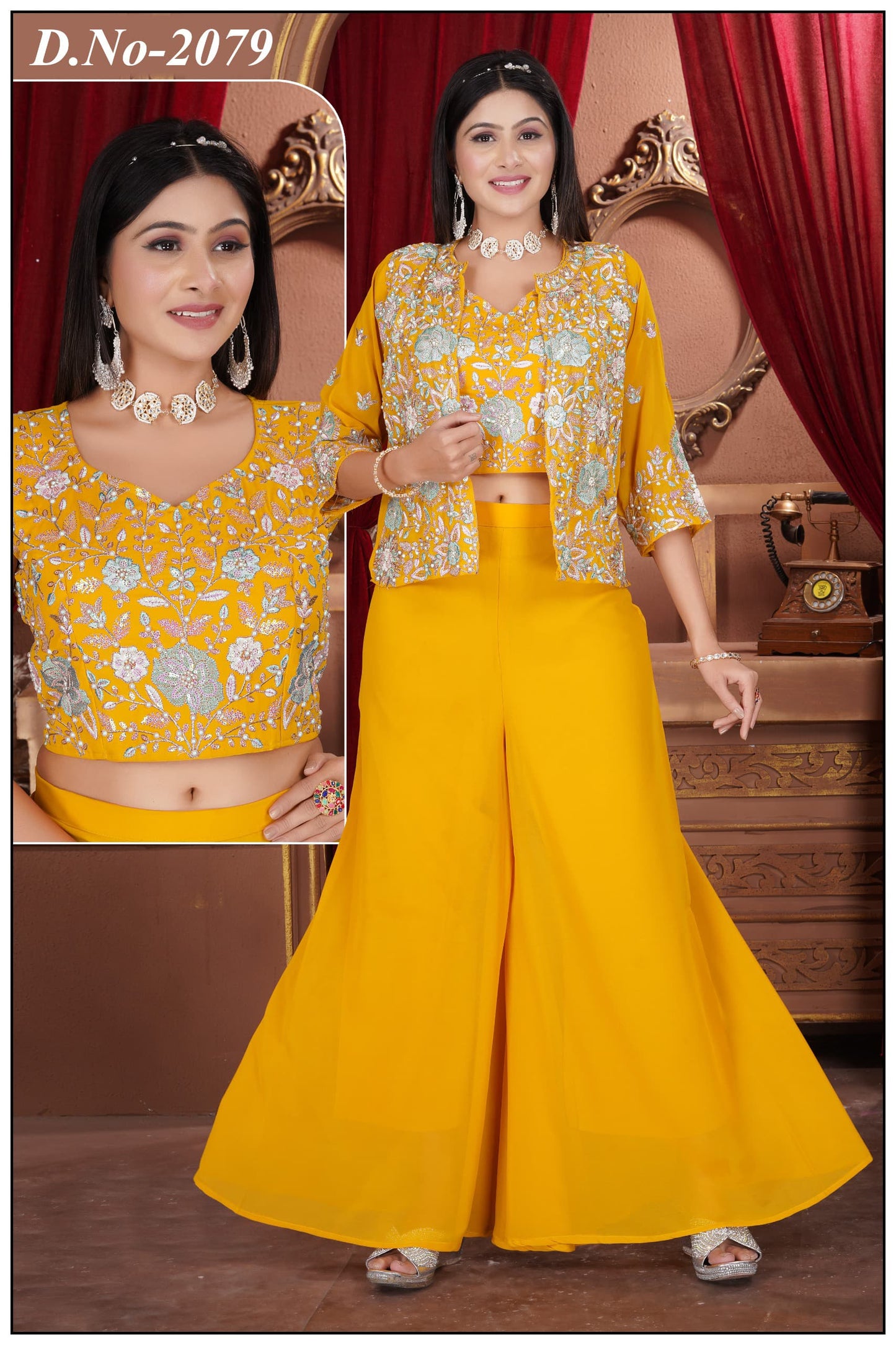 Floral Short Shrug Crop top And Flared Plazo