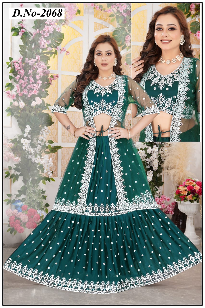 Georgett Rama grreen Latest Crop Top Set