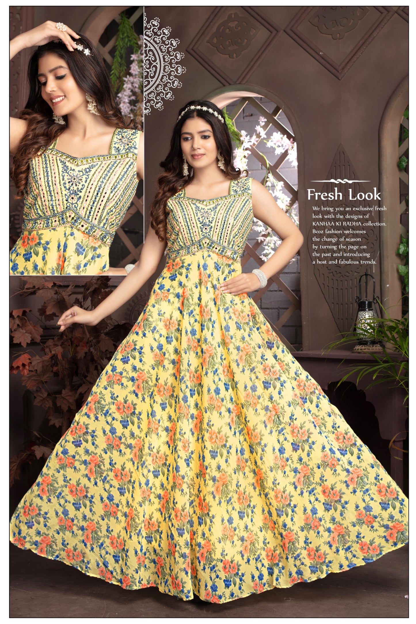 Light Yellow Floral Floor Touch gown Georgette Koti Full work