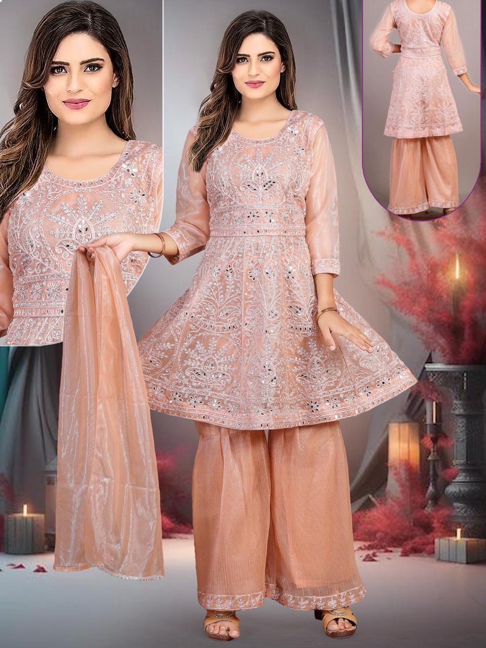 Mirror Jaari Work - Paplum Sharara Net set