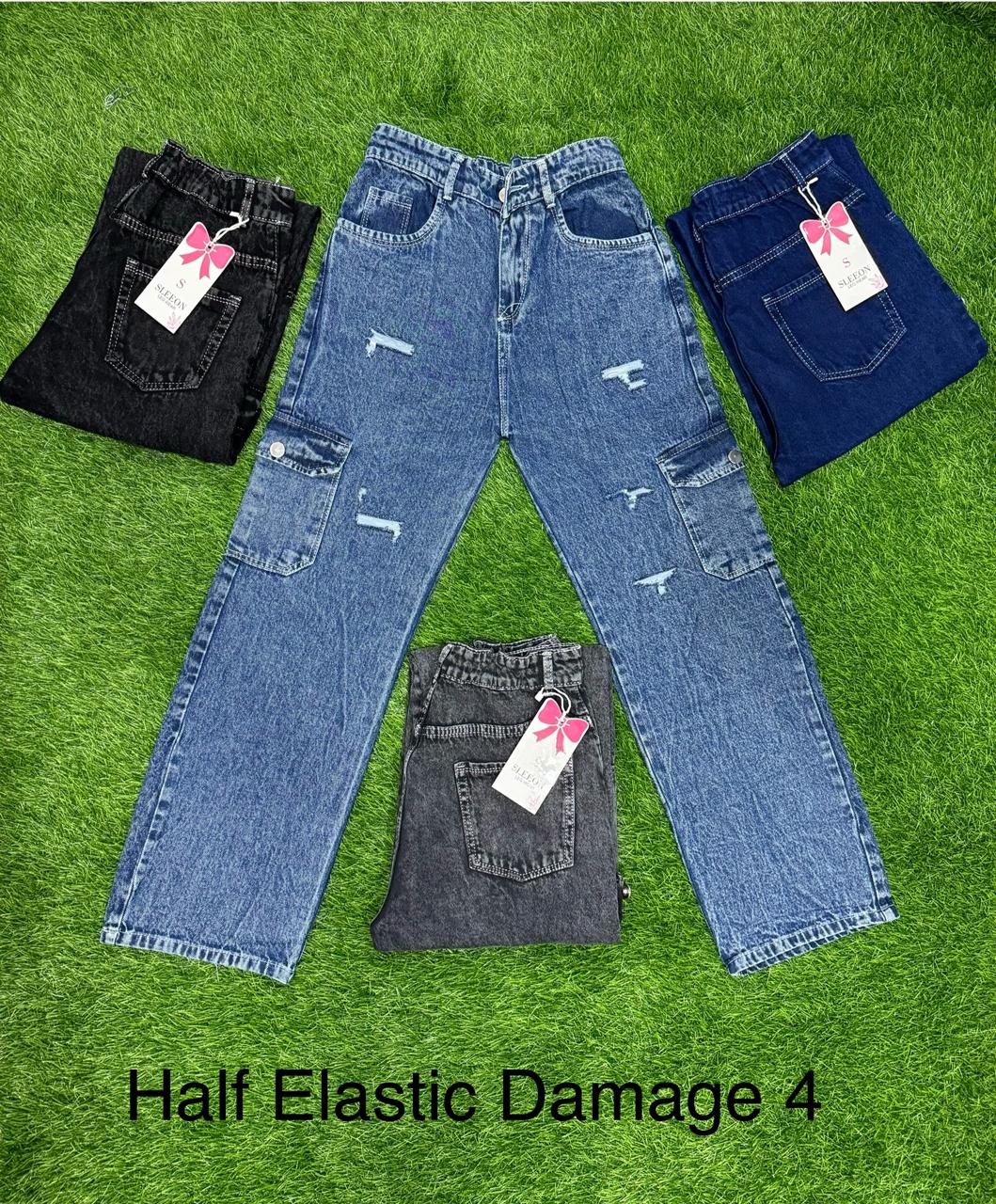 6 Pocket distressed Wide leg Half elastic Jeans