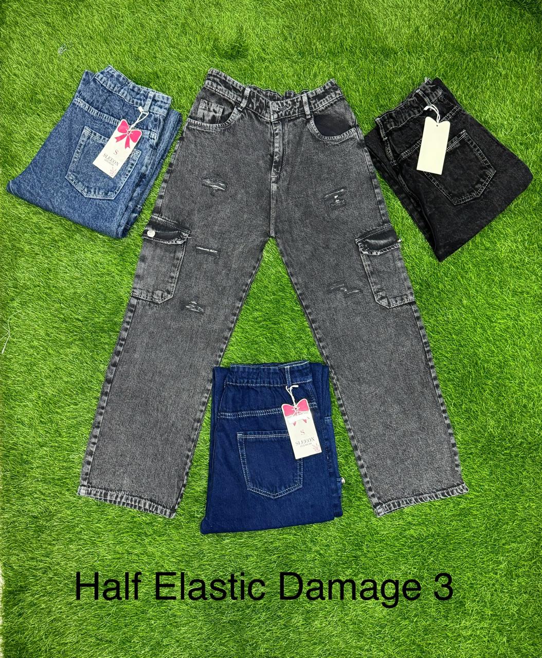 6 Pocket distressed Wide leg Half elastic Jeans