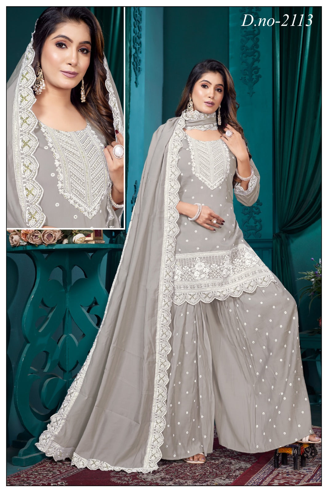 Roman Ghera Plazo Designer Kurti Fancy Worked Dupatta 3 Pcs Set